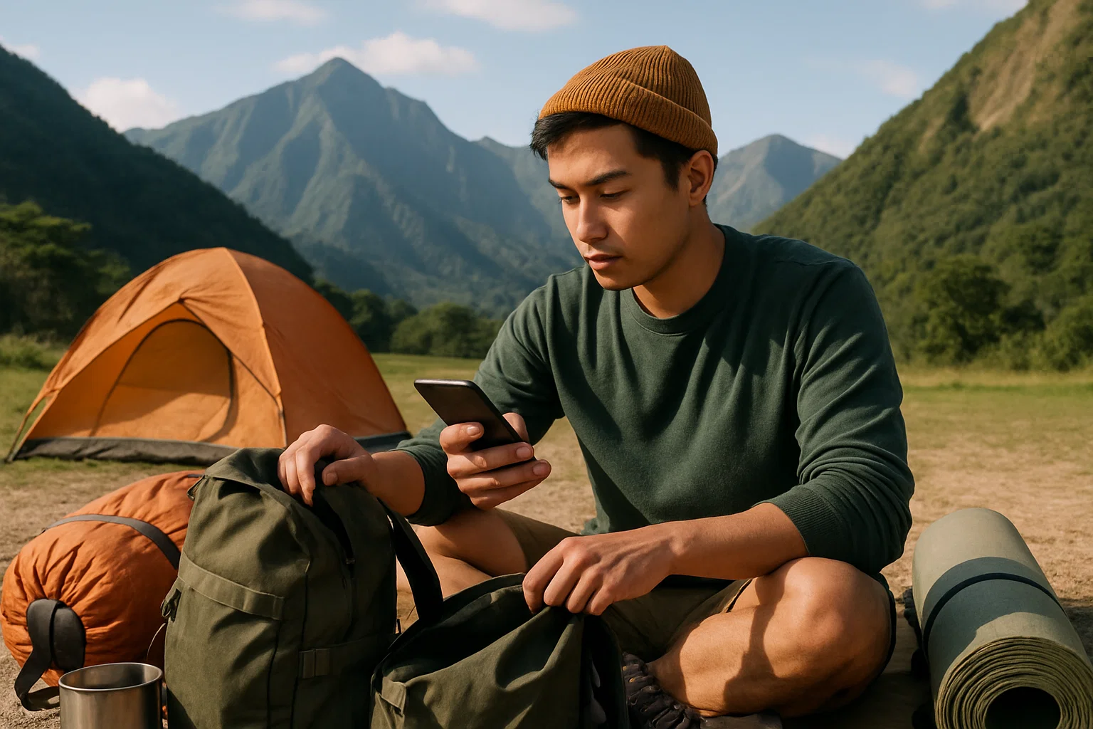 A Filipino camper organizing gear and checking weather updates before a camping trip, with mountains in the background.