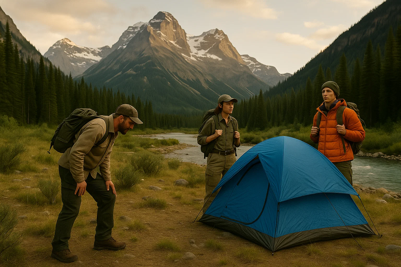 Campers surveying a campsite near mountains and rivers, assessing terrain for safety before pitching a tent.
