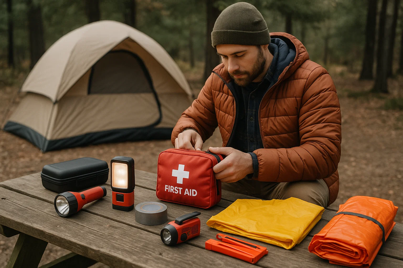 Camper preparing emergency gear at a campsite, including first aid supplies, lighting, and weather protection equipment.