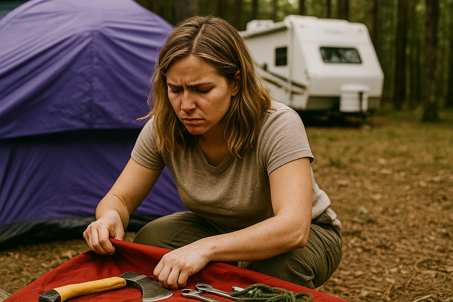 Camper checking emergency gear at a campsite, preparing safety essentials before an outdoor trip.