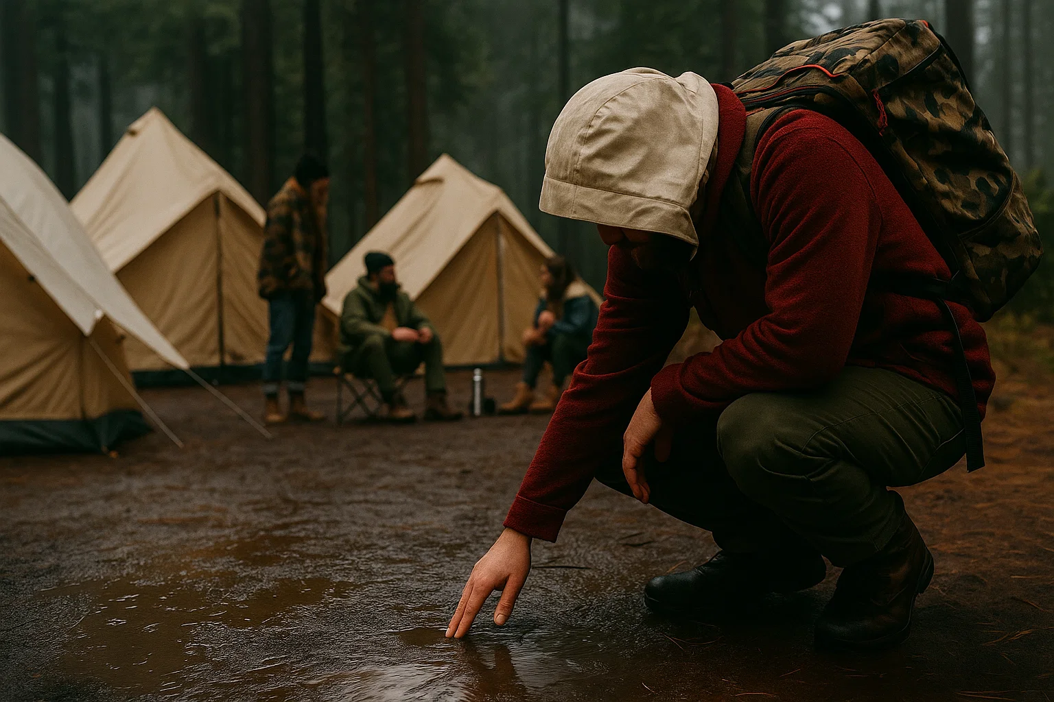 Camper inspecting ground at a campsite