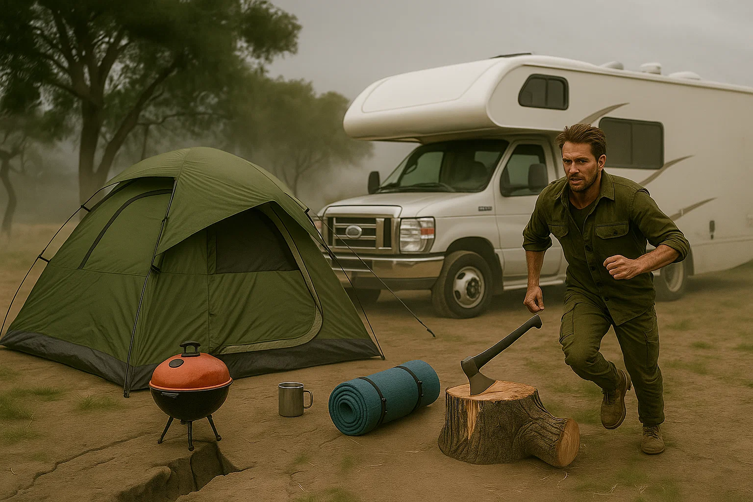 Camper moving to an open area during an earthquake, avoiding trees and unstable terrain for safety