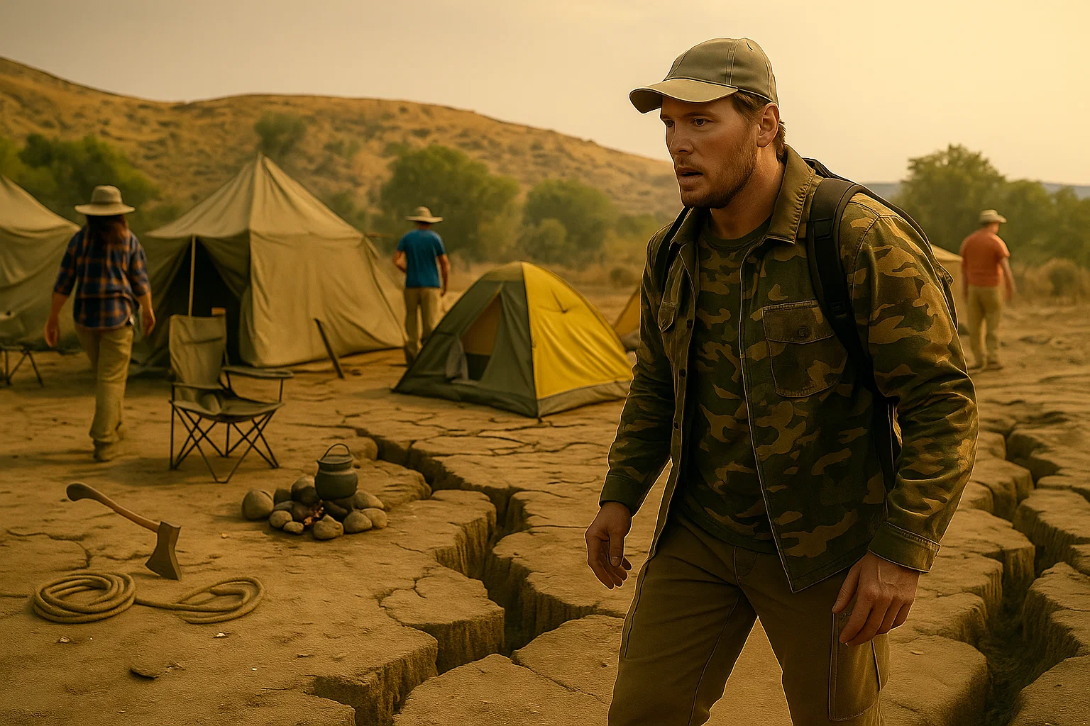 Camper standing on open ground, checking surroundings for hazards after an earthquake in an outdoor environment