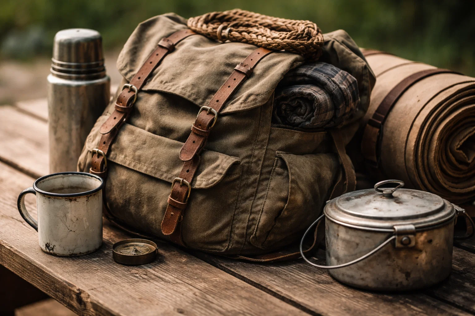 A close-up of weathered camping gear resting on a wooden picnic table, showing worn fabric texture and subtle signs of use in soft natural daylight.