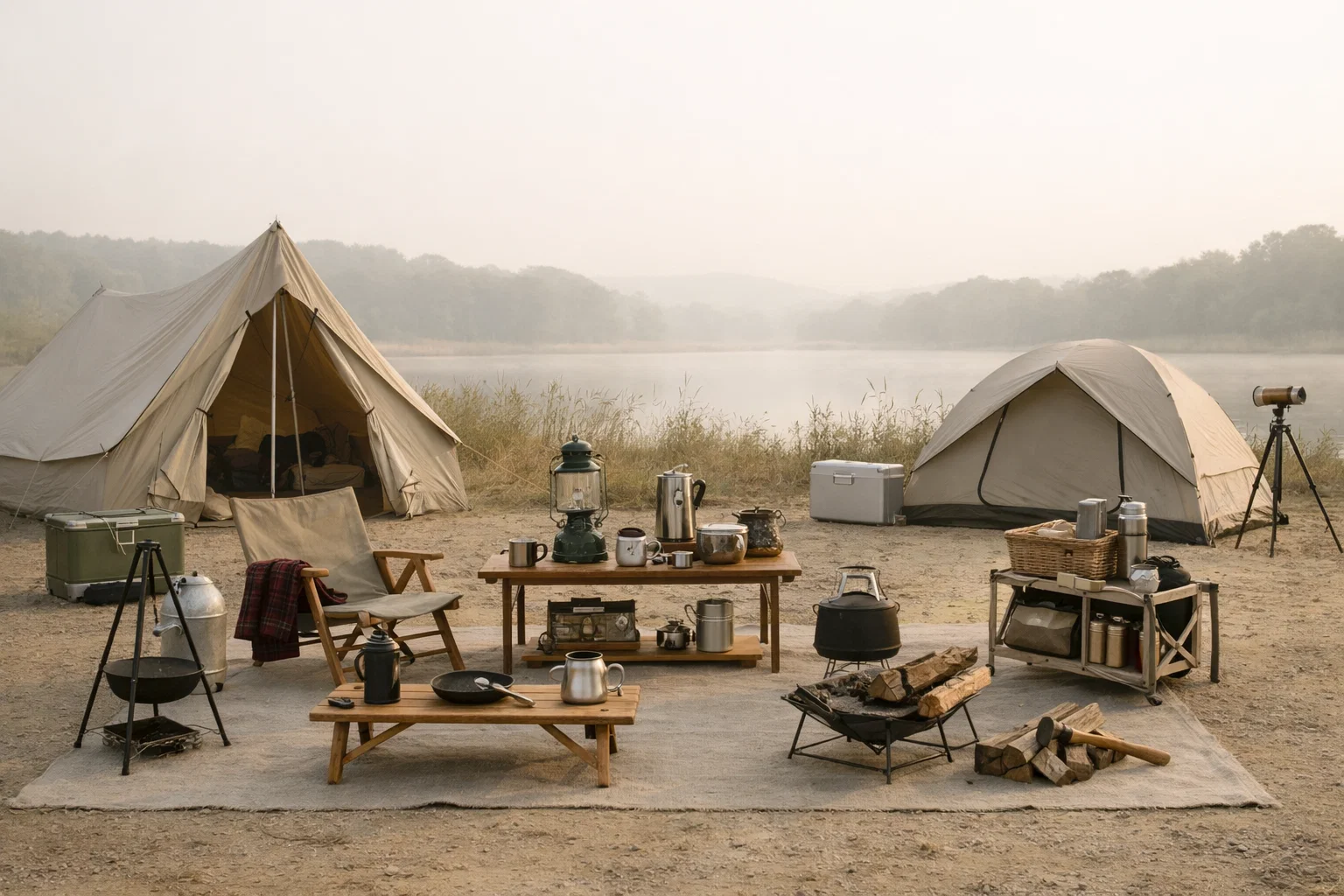 A neatly arranged campsite showing a mix of older and newer gear pieces organized thoughtfully under soft natural light.