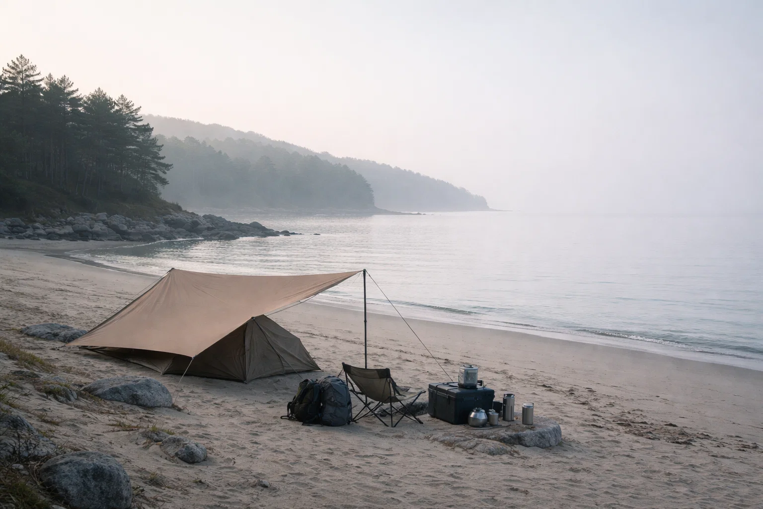 A minimalist campsite near a shoreline with essential gear arranged efficiently and ample open space under soft morning light.