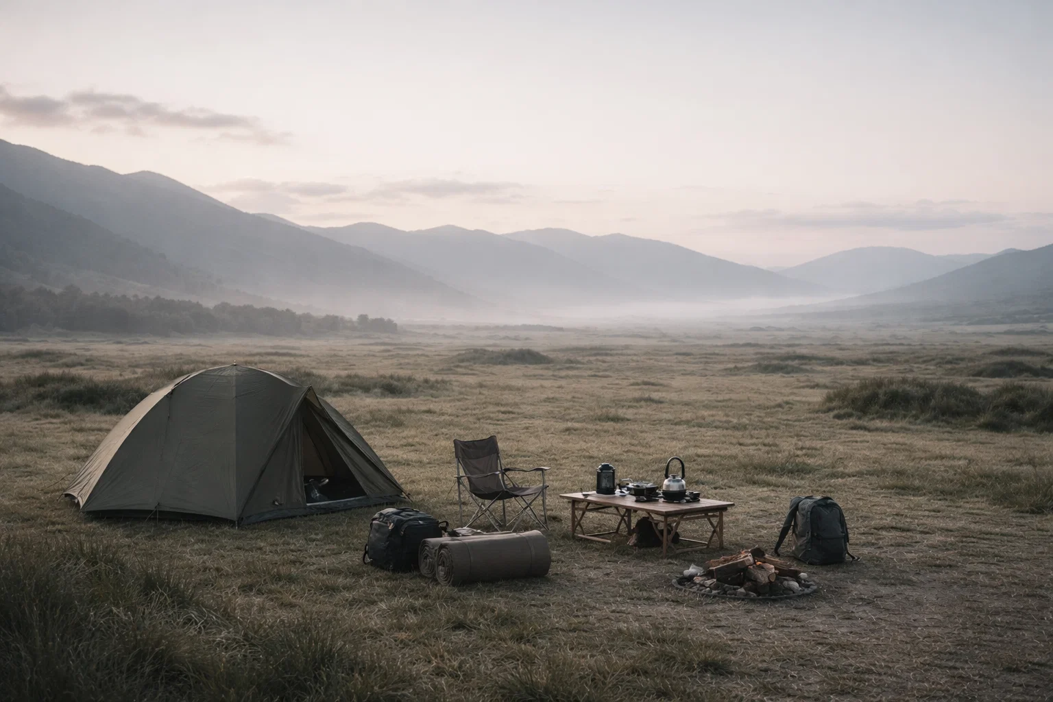 A minimalist campsite arranged efficiently near open terrain with essential gear placed deliberately under soft early morning light.