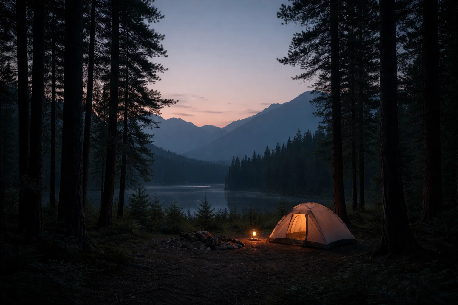 A quiet forest campsite at dusk with a small tent under tall trees, a soft lantern glow near the entrance, and mountains faintly visible in the distance.