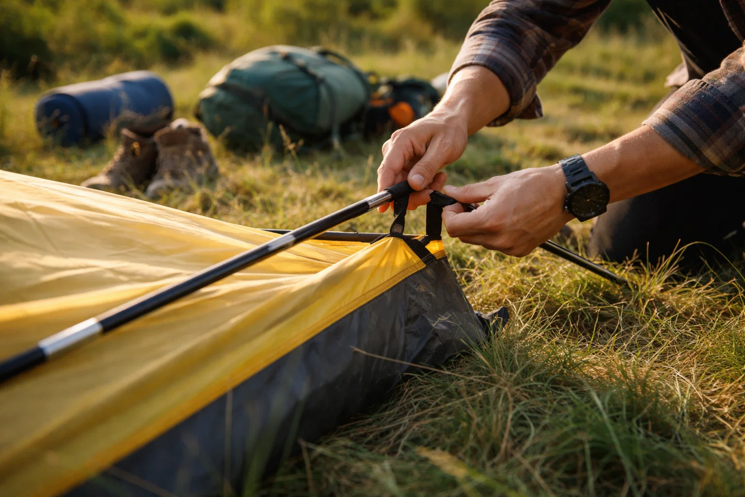 A partially set up campsite with a tent being arranged on uneven ground, gear scattered nearby, and hands organizing equipment in natural daylight.