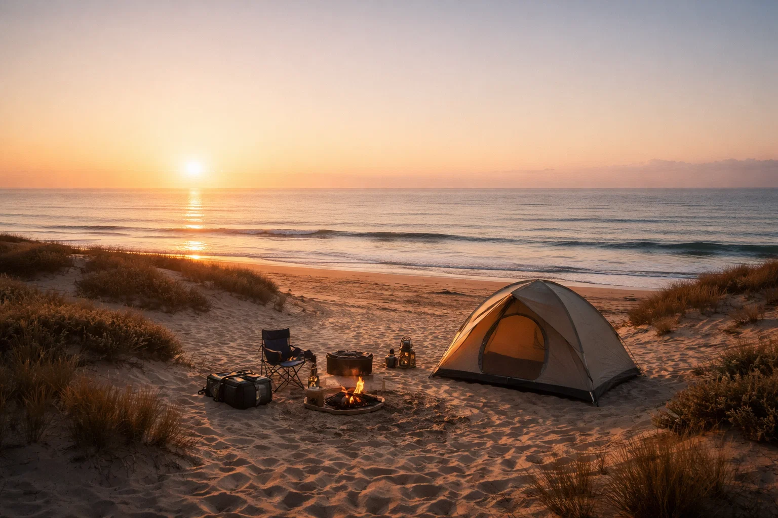 A peaceful campsite on a beach during early morning, with a neatly arranged tent, organized gear, and calm ocean waves in the background.