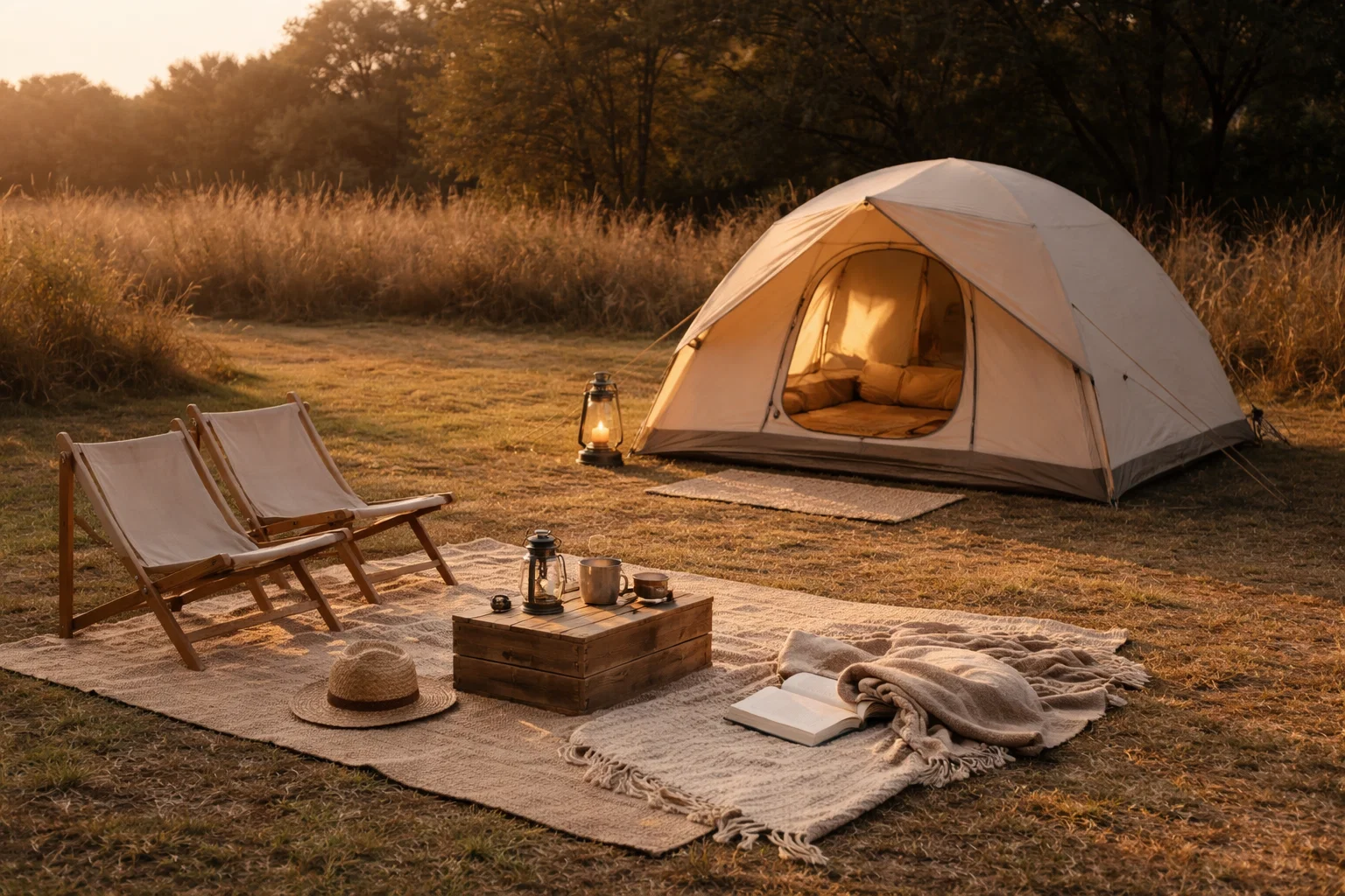 A well organized campsite at golden hour with a comfortable seating area, soft lighting, and a neatly arranged tent under warm natural light.