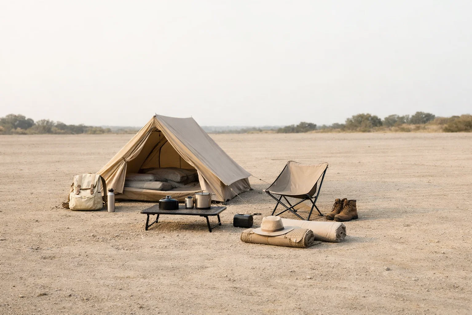 A neatly arranged campsite with organized gear, soft ambient lighting, and a calm outdoor setting during late afternoon.