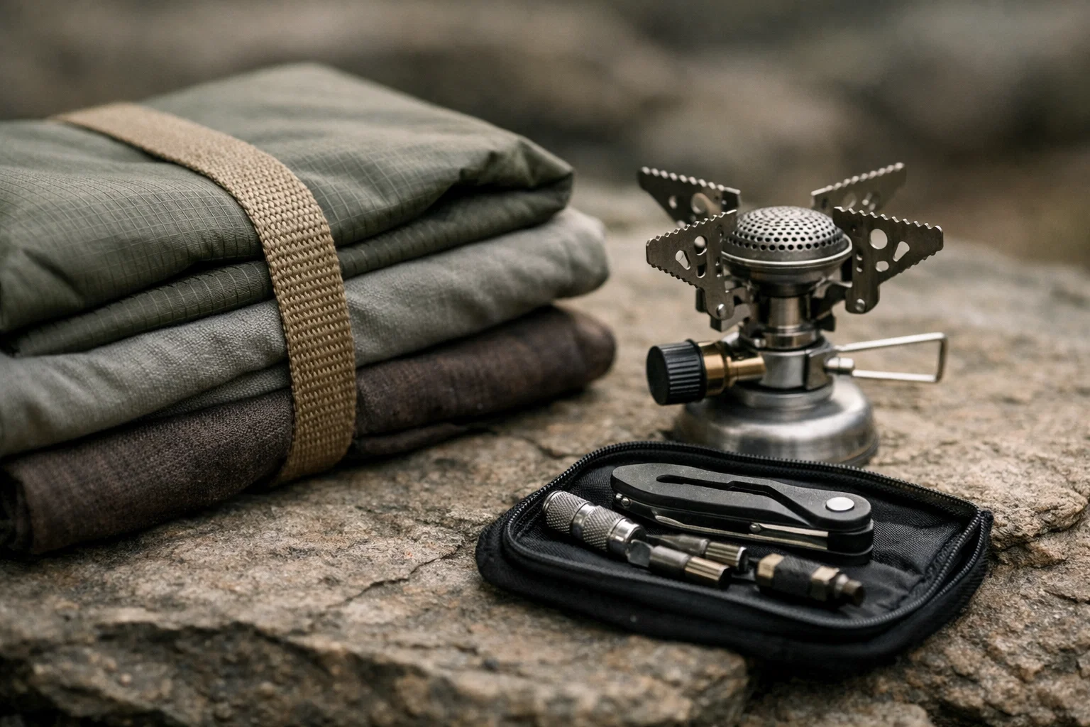 A close-up of neatly arranged camping essentials on a flat rock, showing textured fabric, a compact stove, and small tools in soft natural light.