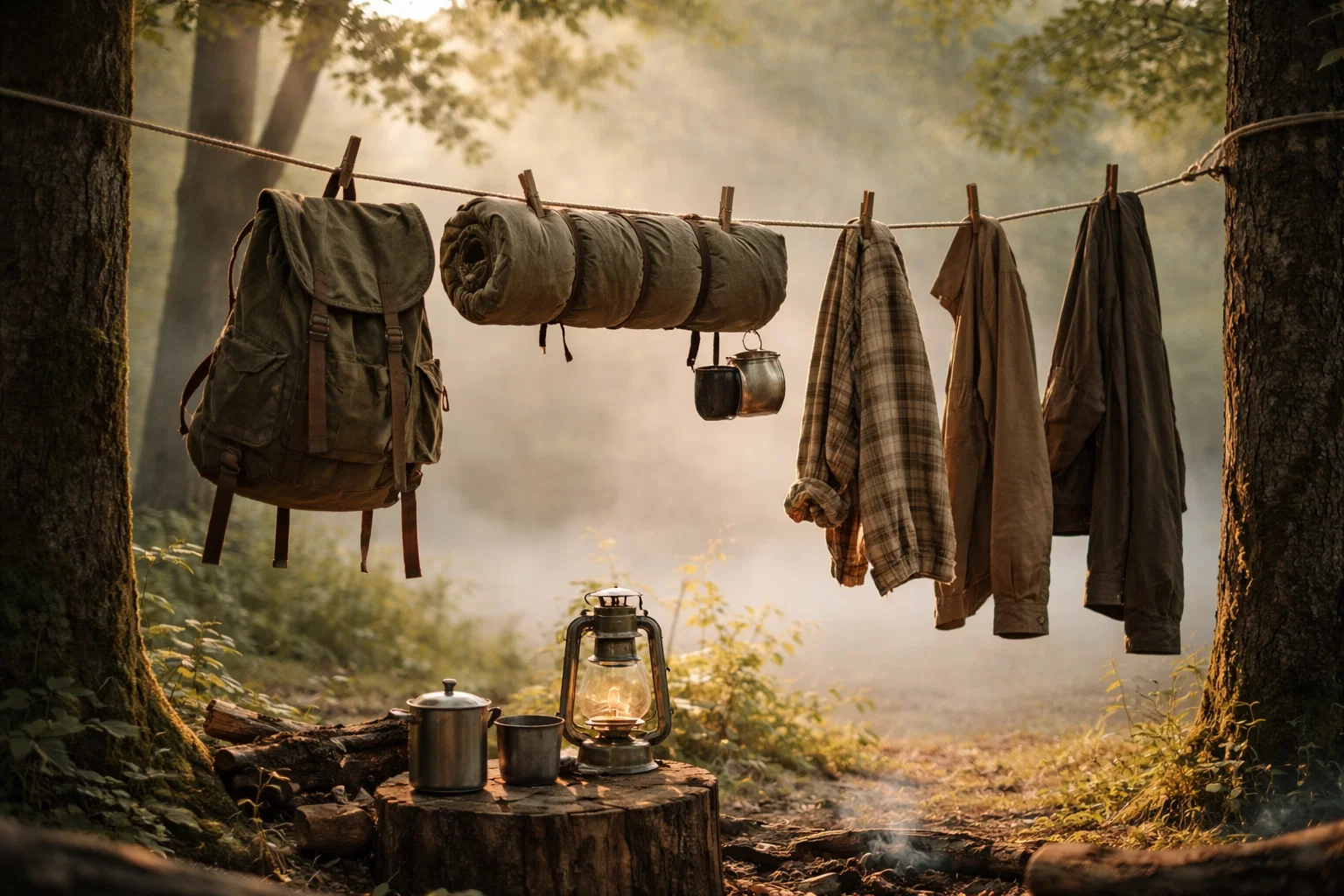 A close-up of well-used camping gear hanging to dry, showing worn fabric, stitching details, and natural outdoor textures in soft daylight.