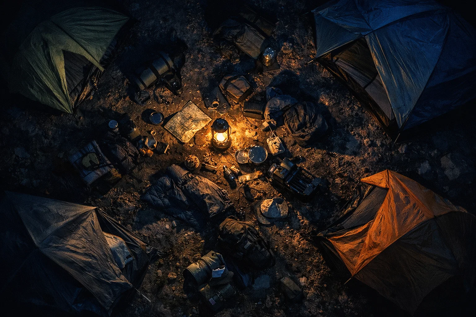 A dimly lit campsite at night with scattered gear, a slightly uneven tent setup, and a lantern casting soft light across the ground.