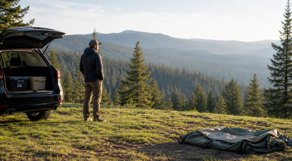 A camper pauses beside a partially opened vehicle and organized gear bins while studying a grassy campsite before unpacking. A folded tent, mild uneven ground, nearby trees, and soft morning light create a calm scene of practical campsite preparation.