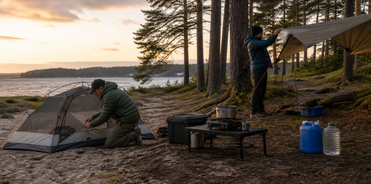 A challenging campsite sits between sandy ground, trees, and an open windy clearing while campers organize shelter and gear before sunset. The scene shows damp patches, practical storage, a partially secured tarp, and a careful setup shaped by real campsite conditions.