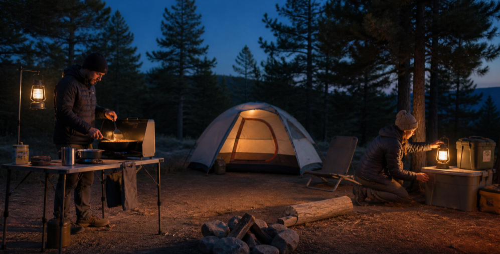 A calm campsite shows experienced campers moving through familiar evening routines with simple gear, soft lighting, and clear activity zones. The scene includes a tent, a small cooking area, organized storage, and relaxed movement that suggests habits shaped by many outdoor trips.