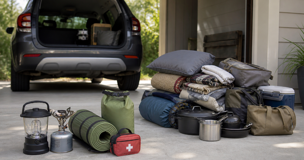 Camping gear is arranged on a shaded driveway after a trip, with one small keep pile and a larger unused pile set aside for sorting. The scene shows how repeated outdoor trips teach campers to simplify their setup and keep only what truly helps.