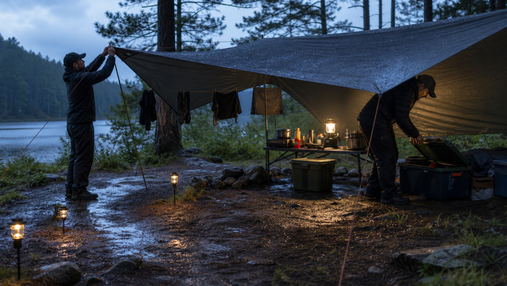 A campsite is shown halfway through a realistic stress test, with rain gear drying, a secured tarp, organized cooking supplies, and lights placed for evening movement. The scene shows how weather, darkness, and pack-up reveal whether a camping setup truly works.