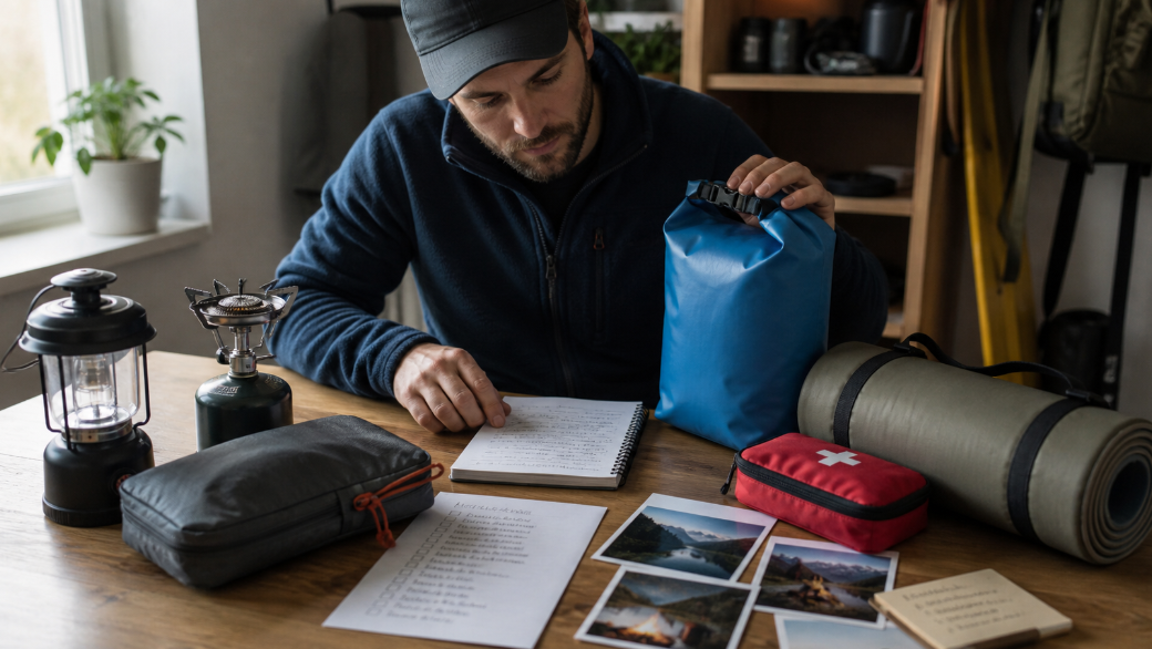 A camper sits at a kitchen table before a trip, comparing a few practical camping items with handwritten notes and past-trip photos nearby. The scene shows a thoughtful gear decision process shaped by real outdoor experience instead of impulse buying.