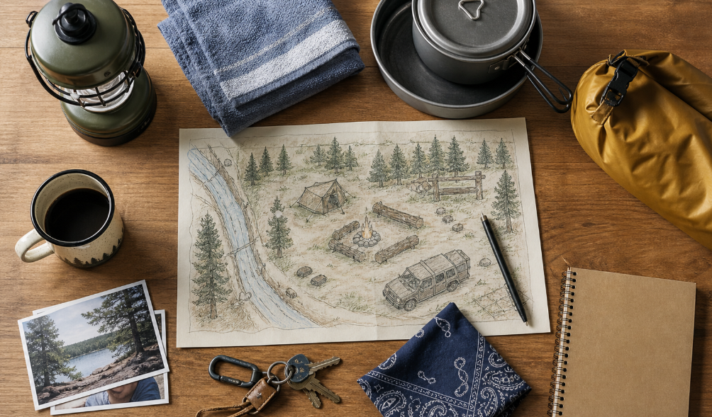A top-down campsite planning scene shows a hand-drawn layout map, neatly grouped camping items, and small personal objects arranged before a trip. The image reflects how a camper’s setup becomes personal through repeated routines, favorite campsites, and practical outdoor habits.