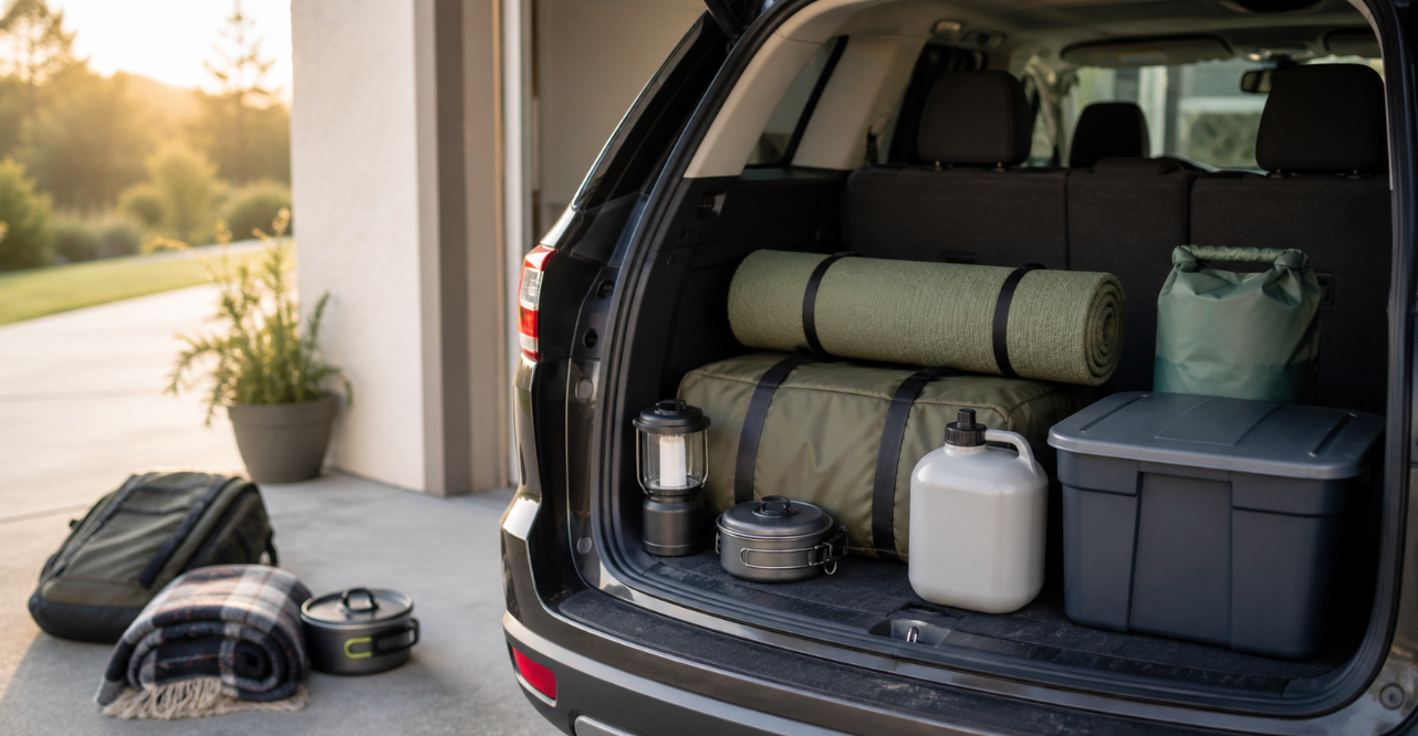 A quiet car trunk packing scene shows camping gear arranged with care before a trip, with only selected essentials placed inside. The image reflects how campers learn to choose gear based on usefulness, space, and real outdoor experience.