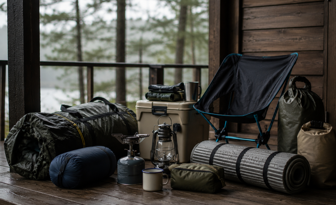 A minimalist outdoor packing scene shows essential camping gear arranged on a wooden cabin porch in soft overcast morning light. The image includes a folded tent, compact stove, lantern, chair, cooler, sleeping mat, and dry bags with generous negative space and no visible logos.