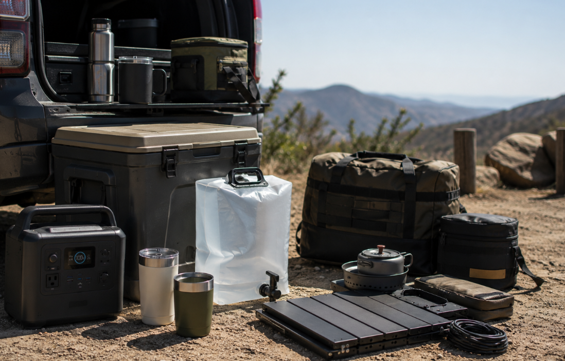 A realistic roadside camp preparation scene shows a portable power station, water container, cooler, drinkware, folded table, and storage bags arranged beside an open tailgate in bright midday light. The image feels practical and travel-focused, with no visible logos or text overlay.