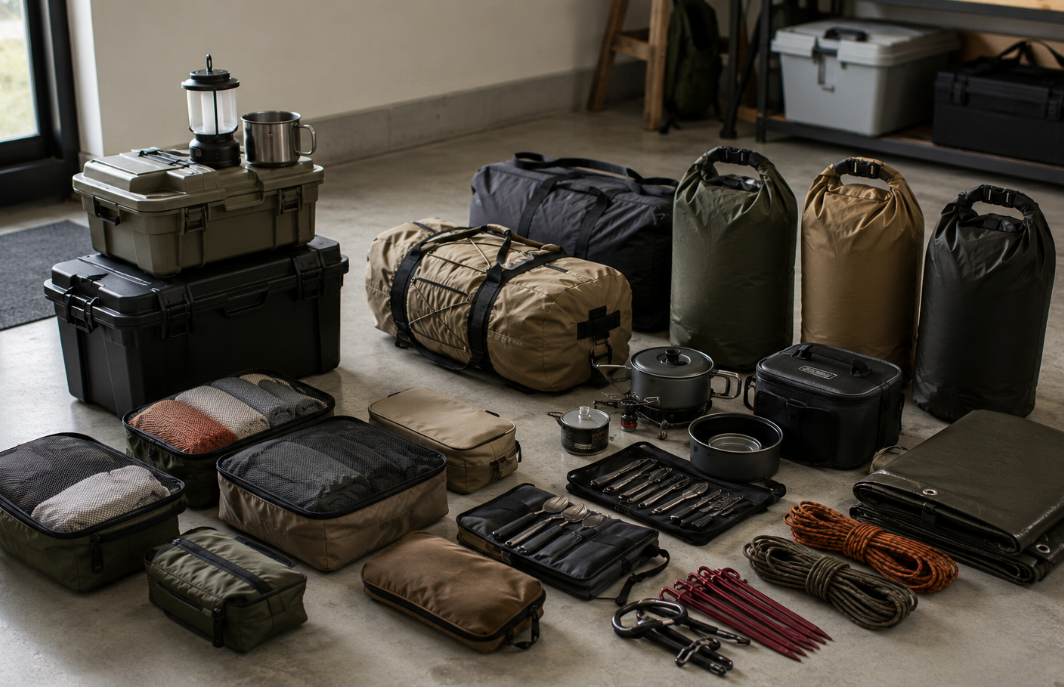 A minimalist garage-floor packing scene shows camping storage boxes, soft bags, labeled pouches, cookware, ropes, and dry bags arranged into separate zones. The image uses clean negative space, muted indoor light, and no visible logos or text overlay.