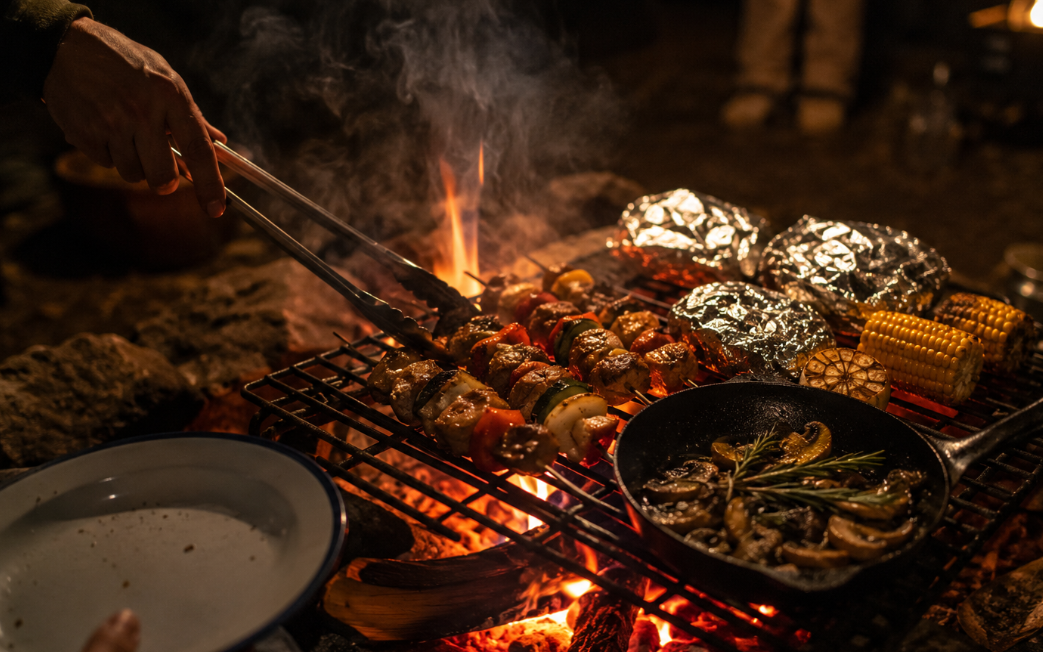 A realistic close-up night scene shows skewers, foil packs, vegetables, and a cast iron pan cooking over glowing embers on a sturdy grate. The image feels warm, smoky, food-focused, and intimate, with no visible logos or text overlay.