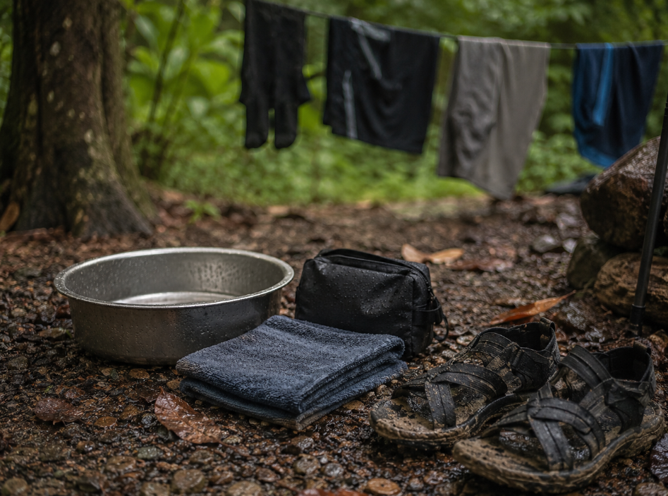 A campsite washing area includes a shallow basin, folded towel, muddy sandals, toiletry pouch, and damp clothing drying in the background.