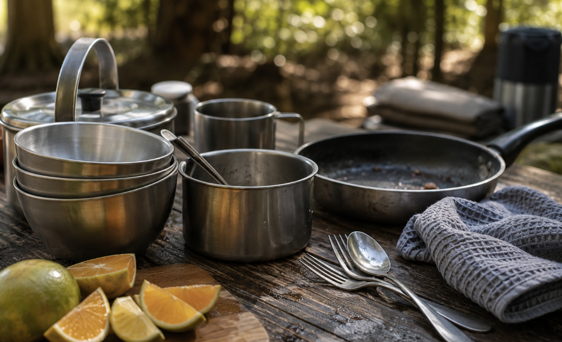 A camp kitchen with stainless-steel cookware, stacked bowls, a frying pan, citrus, utensils, and a folded dish towel on a weathered table.