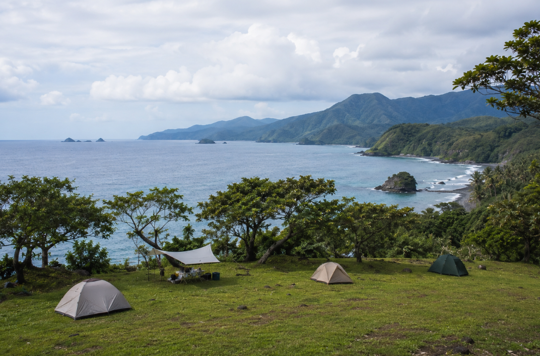 Small neutral-colored tents sit on a grassy coastal hillside beneath low trees, overlooking blue water, distant islands, and green mountains under soft clouds.