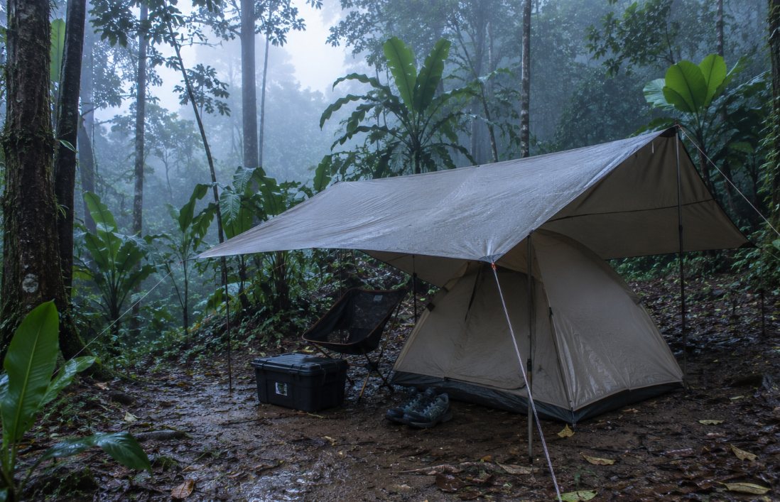 A neutral-colored tent sits beneath a tarp in a misty rainforest campsite, with a chair, storage bin, and wet trail shoes on damp ground.