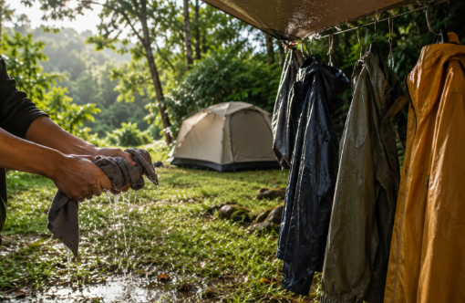 Hands wring water from a camp towel beside rain jackets drying under a tarp. Wet grass, small puddles, and a softly blurred tent show a campsite after morning rain.