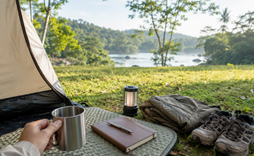 A mug, journal, lantern, folded jacket, hiking shoes, and sleeping mat sit outside a small tent in soft morning light. One hand holds the mug near the edge of the frame.