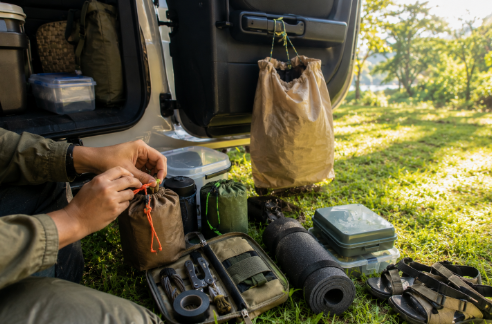 Hands tie cord loops onto small camp pouches beside an open vehicle door at a sunny campsite. A cloth trash bag, repair pouch, rolled mat, containers, and sandals sit nearby on bright grass.