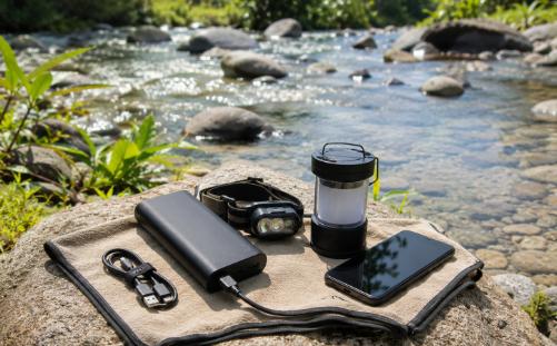 A compact power bank, cable, headlamp, lantern, and phone sit on a folded cloth over a flat river stone. Clear shallow water, smooth rocks, and green plants appear in the bright background.