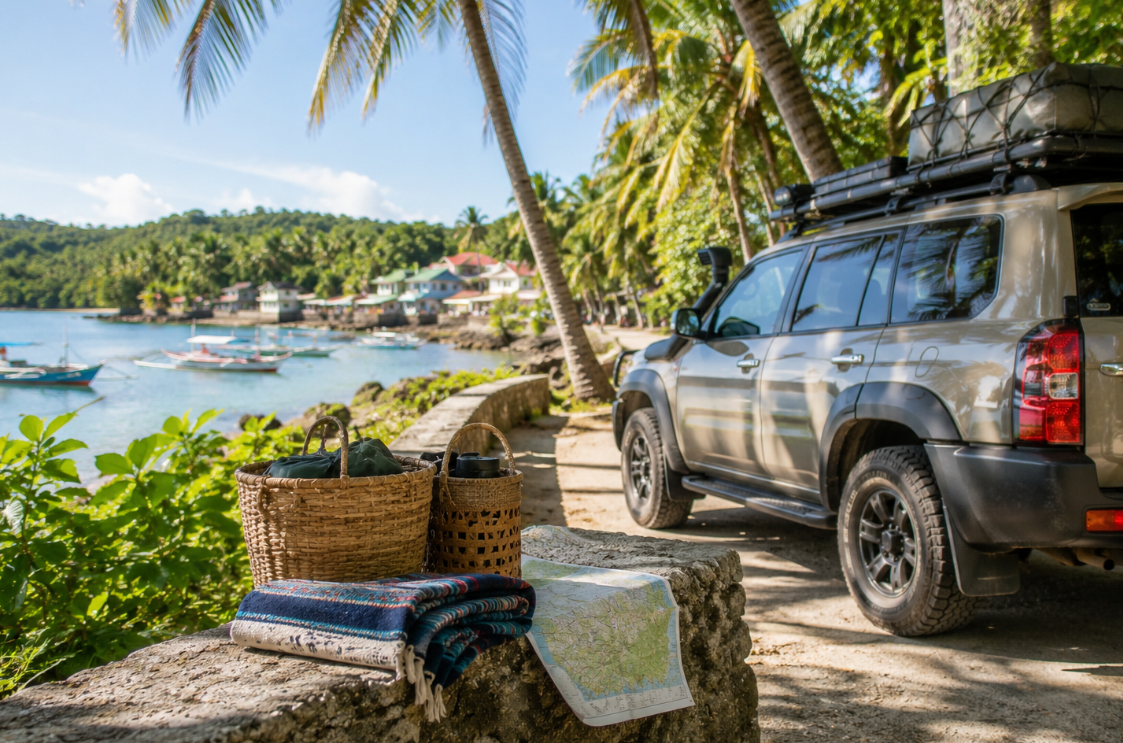 An SUV rests under coconut trees beside a quiet coastal road near a small fishing village. Woven baskets, a folded blanket, and a route map sit on a stone wall with boats and blue water in the background.