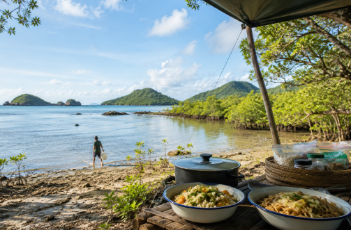 A small plant-based camp kitchen sits beside a bright Philippine mangrove shoreline with rice bowls, noodles, and covered cookware. A distant camper carries water beneath a wide tropical sky.