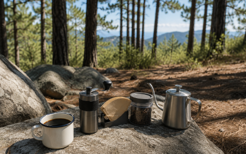 A minimalist setup for better camp coffee rests on a flat stone beneath Philippine pine trees. An enamel mug, closed grinder, kettle, filters, and sealed coffee container sit in bright morning light.