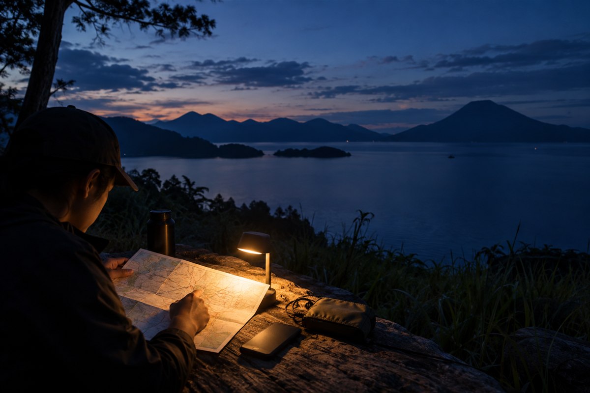 A shielded task light illuminates a route card, closed phone, and charging pouch beside a lake at blue hour.