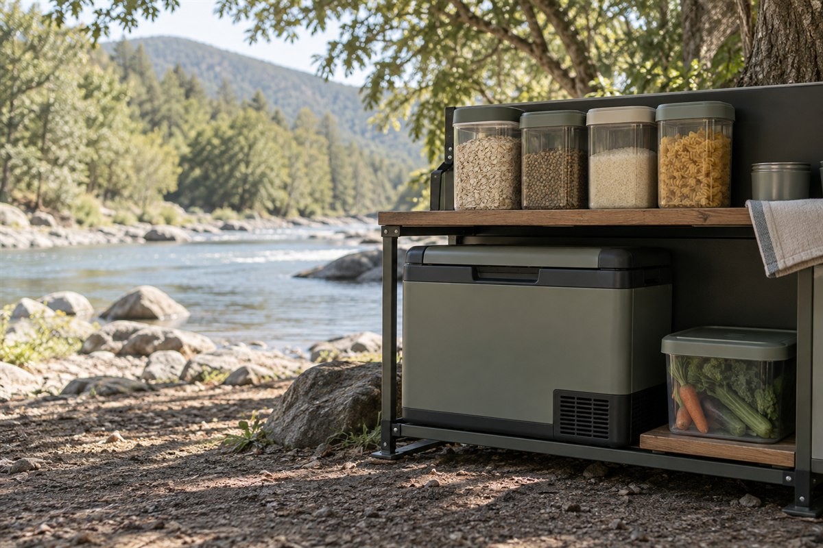 Meal-sized canisters sit above a closed portable refrigerator with a separate sealed food container below.