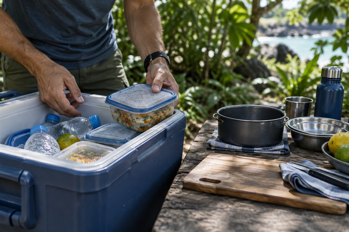 A camper moves a sealed meal container from a packed cooler to a shaded cooking surface beside clean cookware.