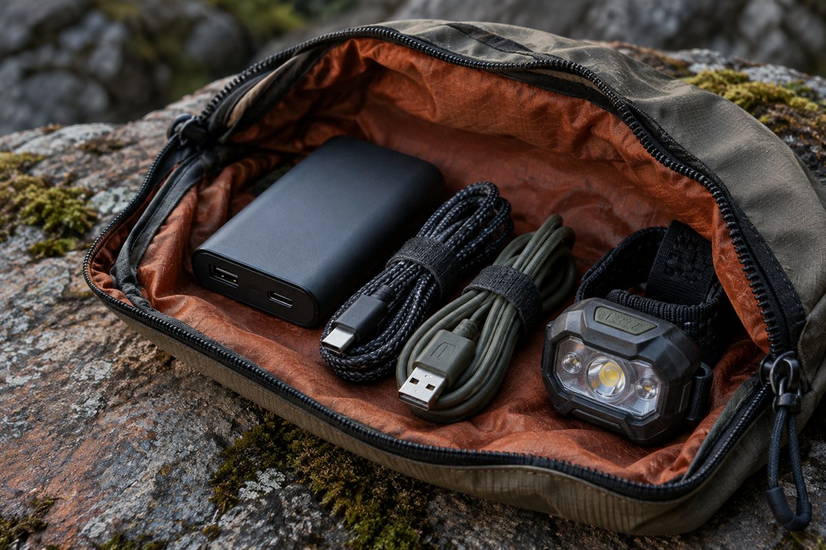 A compact power bank, two cables, and a headlamp rest inside an open dry pouch on a shaded stone ledge.
